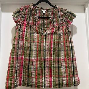 Crown & Ivy XL Smocked Plaid Boho Blouse Tassel Tie Peasant Top